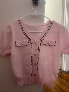 Pink Short-Sleeve Knit Cardigan Top with Pearl Buttons NWOT